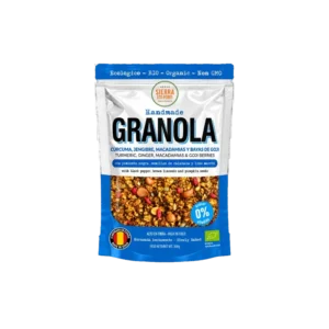 Granola ecológica curcuma jengibre macadamias bayas