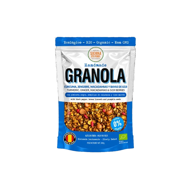 Granola ecológica curcuma jengibre macadamias bayas
