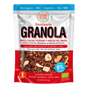 Granola ecológica maca cacao platano nueces brasil