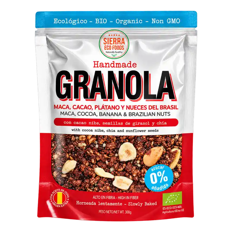 Granola ecológica maca cacao platano nueces brasil